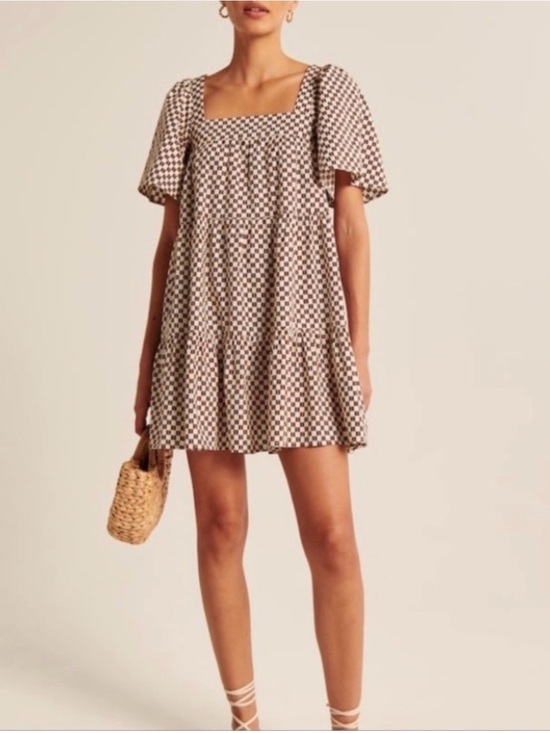 Abercrombie & Fitch Dresses & Skirts - Square Neck Check Babydoll Mini Dress - Brown/White